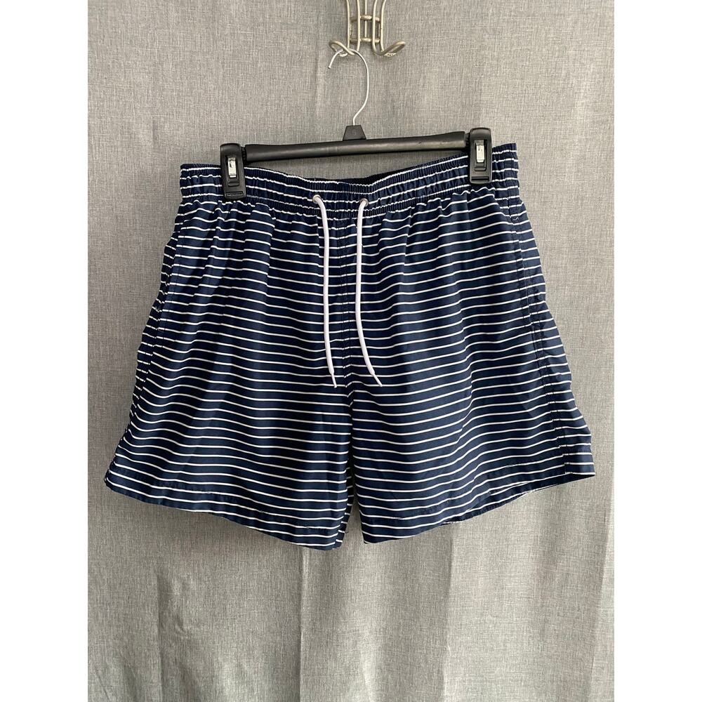 H&M Men’s Navy Blue & White Striped Swim Trunks - Size Medium